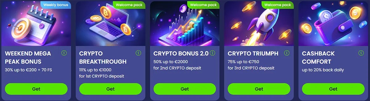 Row of five casino promo cards on a purple background showing weekly and welcome-pack offers (crypto deposits, bonus boosts, cashback) with colourful icons and green “Get” buttons.