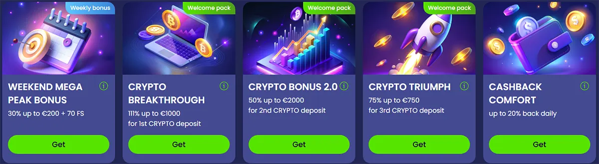 Row of five casino promo cards on a purple background showing weekly and welcome-pack offers (crypto deposits, bonus boosts, cashback) with colourful icons and green “Get” buttons.