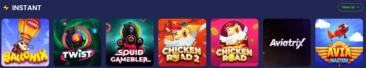 Instant games carousel showing Balloonix, Twist, Squid Gambler, Chicken Road 2, Chicken Road, Aviatrix and Avia Masters thumbnails with a “View all” button.