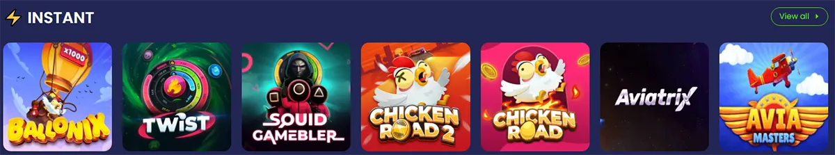 Instant games carousel showing Balloonix, Twist, Squid Gambler, Chicken Road 2, Chicken Road, Aviatrix and Avia Masters thumbnails with a “View all” button.