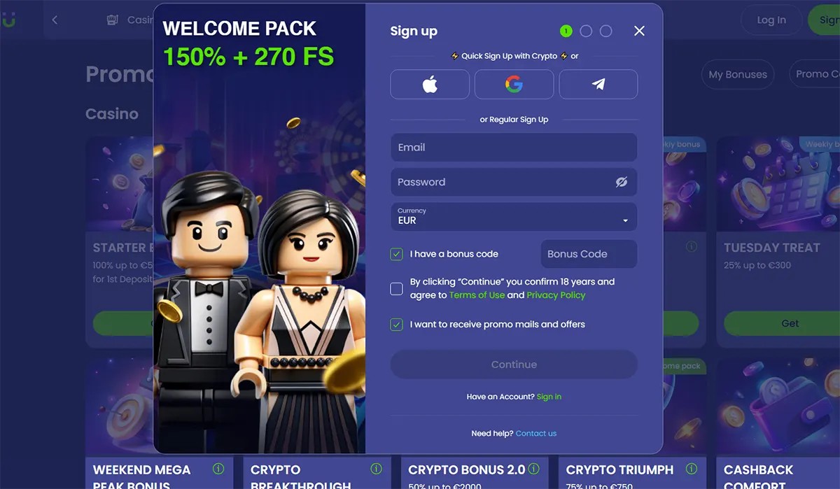 Blue-purple casino sign-up pop-up featuring a “Welcome Pack 150% + 270 FS” promo with two minifigure characters on the left and an email/password registration form with social login options on the right.