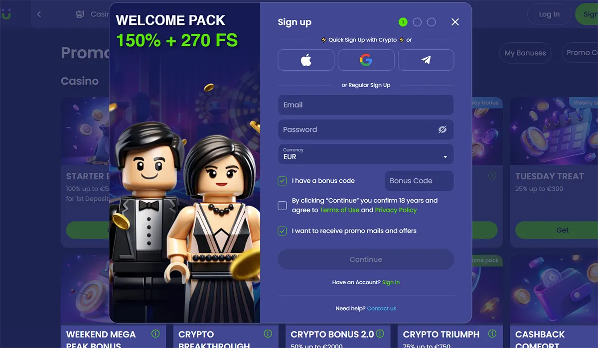 Blue-purple casino sign-up pop-up featuring a “Welcome Pack 150% + 270 FS” promo with two minifigure characters on the left and an email/password registration form with social login options on the right.